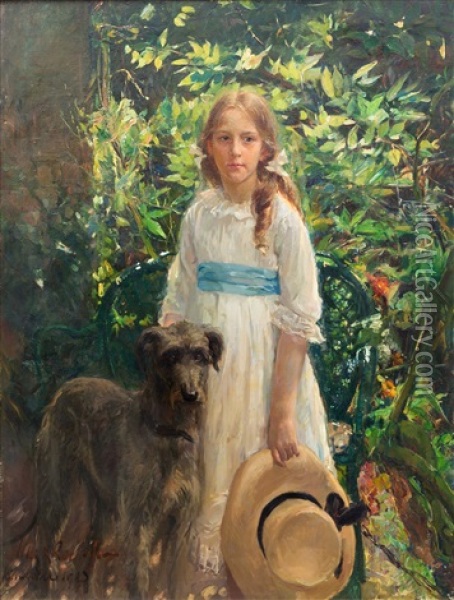 Portrait Of Jonkvrouwe Agatha Eleanora 'nora' Van Rappard (1904-1984), With Her Dog Oil Painting - Otto Willem Albertus Roelofs