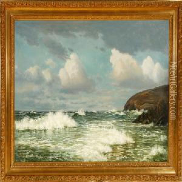 Breakers Along The Coast Of Bornholm Island Oil Painting - I.H. Brandt