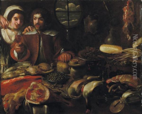 Un Couple Se Servant De Vin Dans Un Garde Manger Oil Painting - Juan Esteban