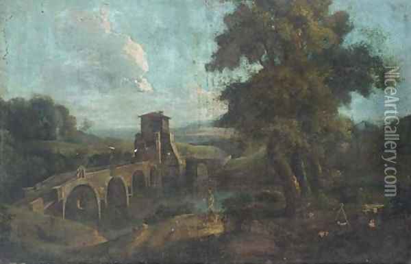 A landscape with travellers by a bridge Oil Painting - Marco Ricci