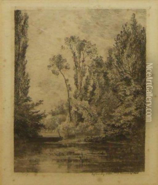Wooded River Landscape With Punt Oil Painting - Charles-Francois Daubigny