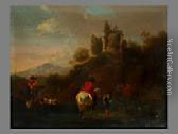 Hirten Vor Tiefer Landschaft Und Turm Oil Painting - Nicolaes Berchem