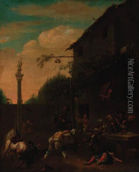 A Street Fight Outide A Tavern Oil Painting - Pieter Wouwermans or Wouwerman