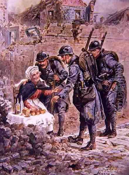 An Old Woman Selling Cakes Amid the Falling Houses of Verdun, illustration from Brave Deeds by Brave Men by C. Sheridan Jones, pub. 1922 Oil Painting - Henry A. (Harry) Payne