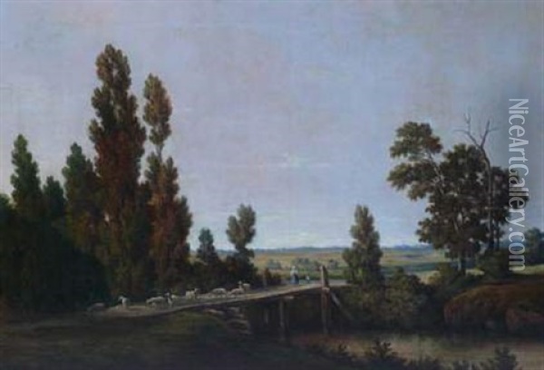 Bergere Menant Son Troupeau Sur Le Pont Oil Painting - Jean Baptiste Geoffroy