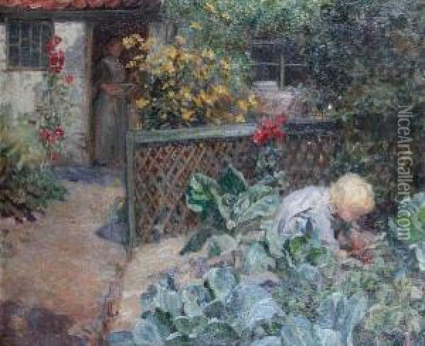 A Cottage Garden, Possibly At Staithes Oil Painting - Frederick Stead
