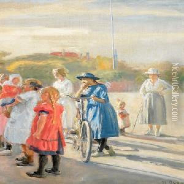 A Summerday In Skagen, Children Listening To The Fiddler Oil Painting - Michael Ancher