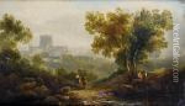 Travellers On A Country Path, An Abbey On The Horizon Oil Painting - John Rathbone