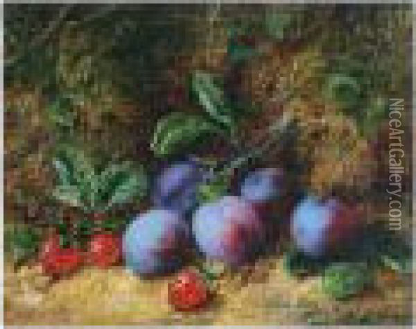 Still Life Of Apples, 
Strawberries And Grapes On A Mossy Bank; And Another, Still Life Of 
Plums And Strawberries Oil Painting - George Clare