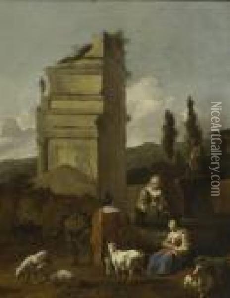 Hirten Mit Schafen Und Ziegen Am Brunnen Oil Painting - Nicolaes Berchem