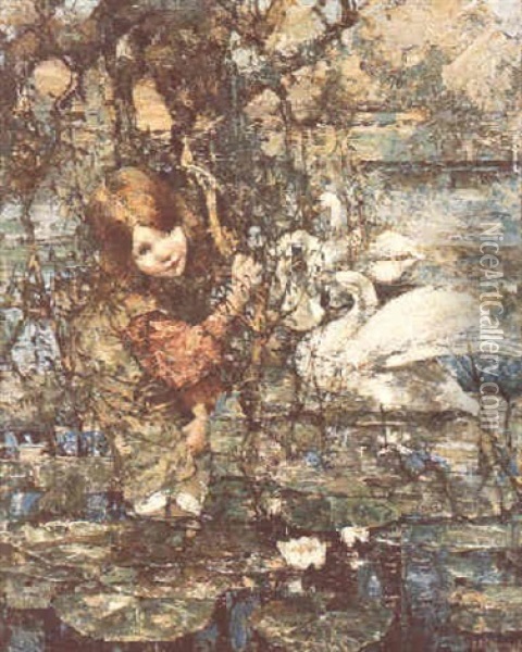 Swans And Lillies Oil Painting - Edward Atkinson Hornel