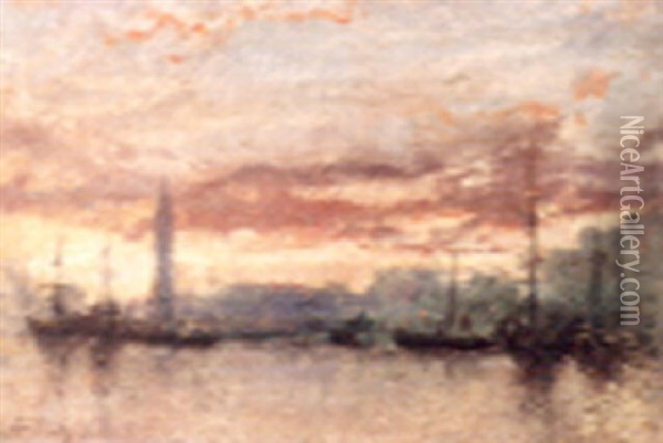 Venetian Sunset Oil Painting - Mose di Giosue Bianchi
