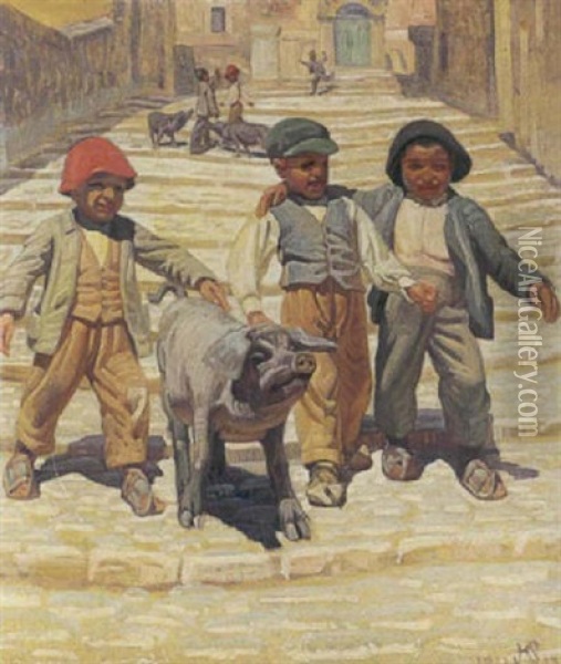 Tre Italienske Drenge Med En Sort Gris Oil Painting - Knud Sinding