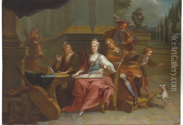 A Musical Company With A Boy And Dog (+ A Musical Company With A Man; Pair) Oil Painting - Francois Marot