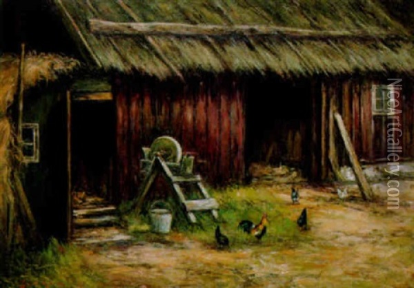 Gardslandskap Med Pickande Hons Oil Painting - Johan Severin Nilsson