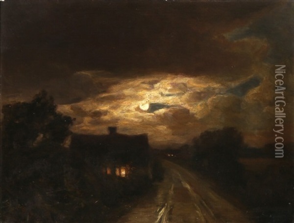 Moonlight Shines Through The Clouds Over A Dark Country Road Oil Painting - Hans Andersen Brendekilde