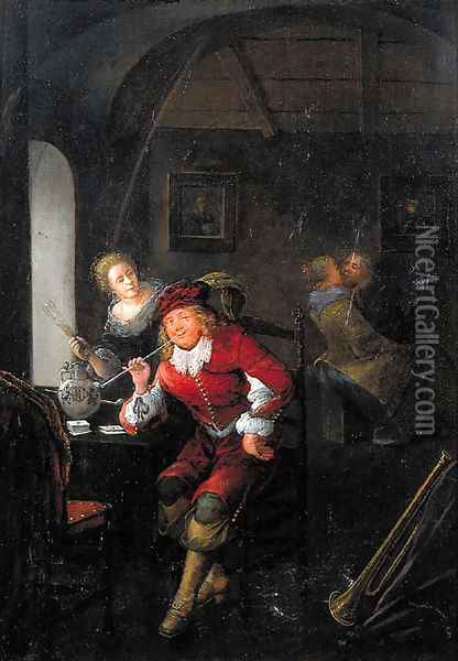 An officer smoking a pipe seated by a table in a brothel Oil Painting - Jan Miense Molenaer