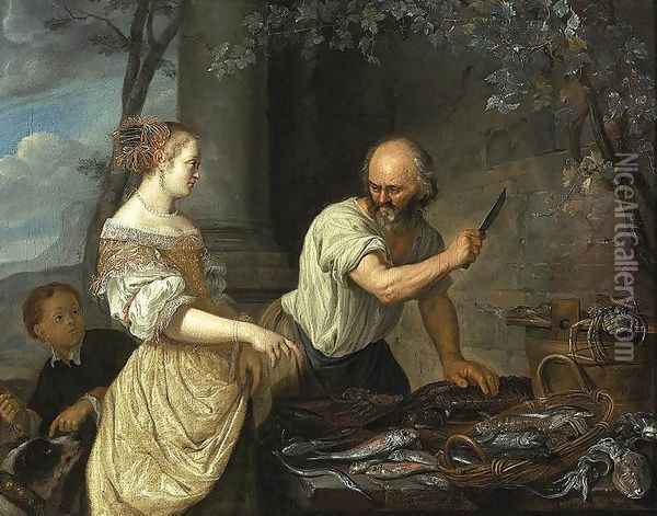 A Fish Seller 1670s Oil Painting - Jacob Toorenvliet