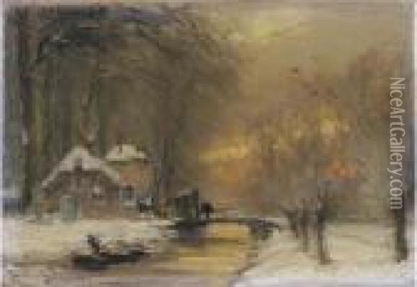 A Farm By A Stream In Winter Oil Painting - Louis Apol