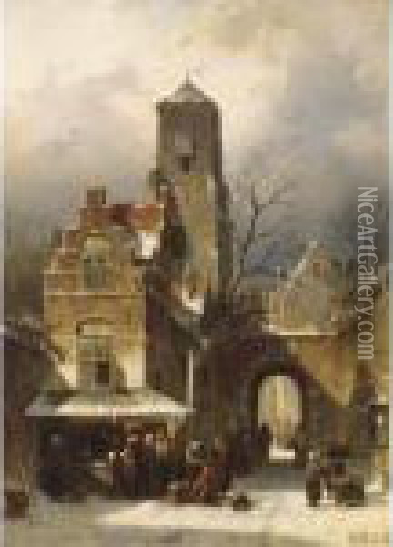 Vegetable Sellers At A Town Well
 In A Sunlit Dutch Town; A Market Scene In A Wintry Dutch Town (a Pair) Oil Painting - Charles Henri Leickert