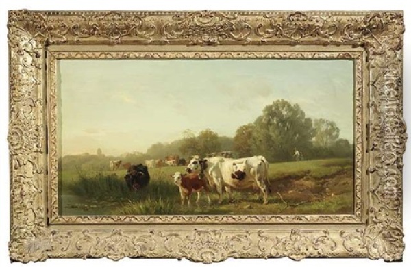 Viehherde Auf Einer Sommerlichen Weide Am Dorfrand Oil Painting - Carl Roux