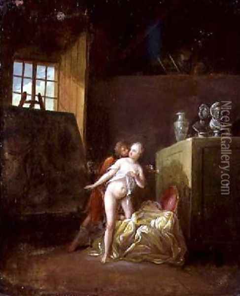 An artist and his model in a studio Oil Painting - Nicolas Levreince