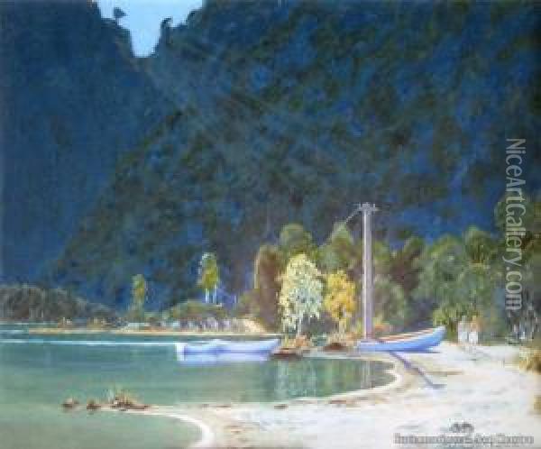 Lake Tikitapu (blue Lake, Near Rotorua) Oil Painting - William Barraud