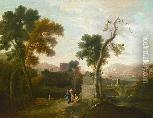 A Classical Landscape With Figures By A Monument On A Path In The Foreground Oil Painting - Pierre Antoine Patel