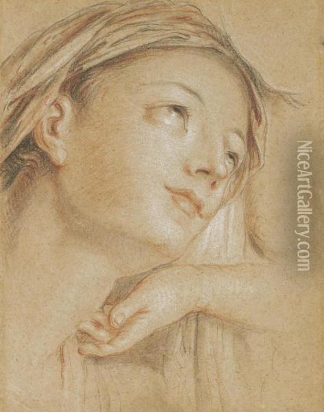 The Head Of The Virgin, Looking Up To The Right, With A Subsidiary Study Of A Hand Oil Painting - Charles-Antoine Coypel