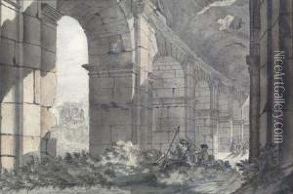 Colonnade Du Colisee Animee Oil Painting - Giovanni Niccolo Servandoni