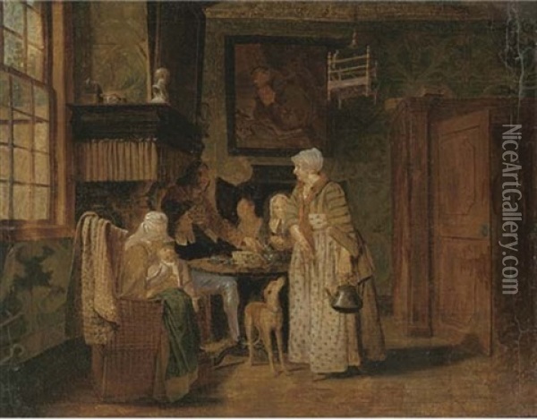 A Family At A Table In An Interior Oil Painting - Jan Josef Horemans the Elder