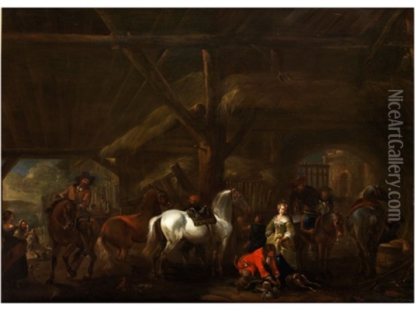 Cavalieri In Una Stalla  (reiter In Einem Stall) Oil Painting - Abraham Van Calraet