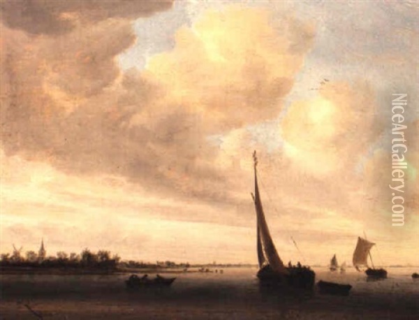 A Wijdschip And Other Small Dutch Vessels On An Estuary Oil Painting - Salomon van Ruysdael