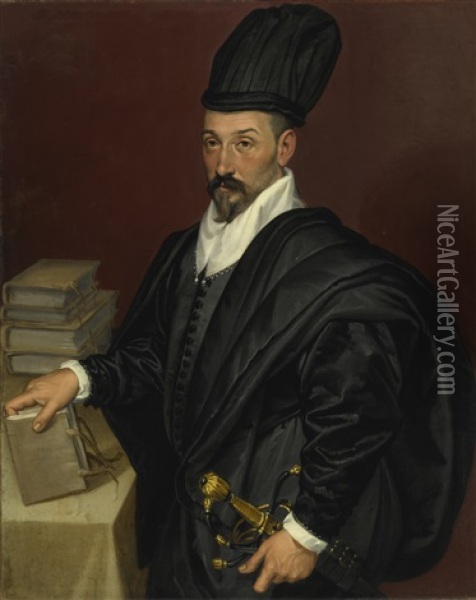 Portrait Of Lope Varona Di Villanahue Of Burgos, Half Length With A Book In His Right Hand Oil Painting - Bartolomeo Passarotti