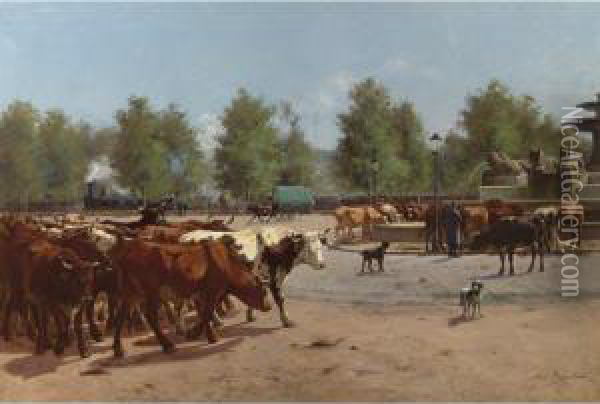 Cows Watering At A Public Square Oil Painting - Aymar Pezant