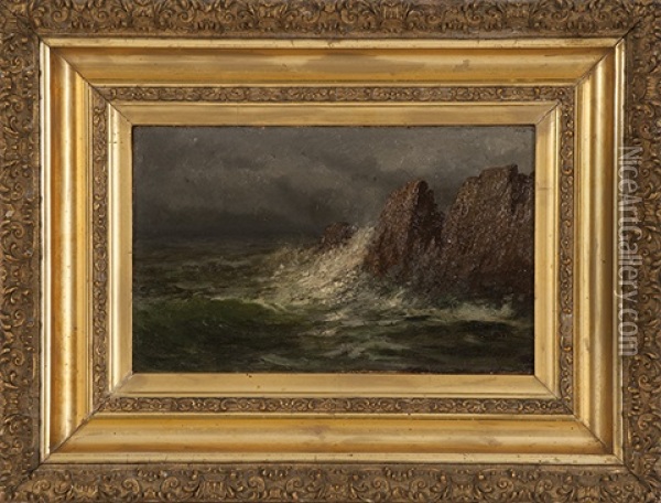 Waves Crashing On A Rocky Coast Oil Painting - Edward Hill