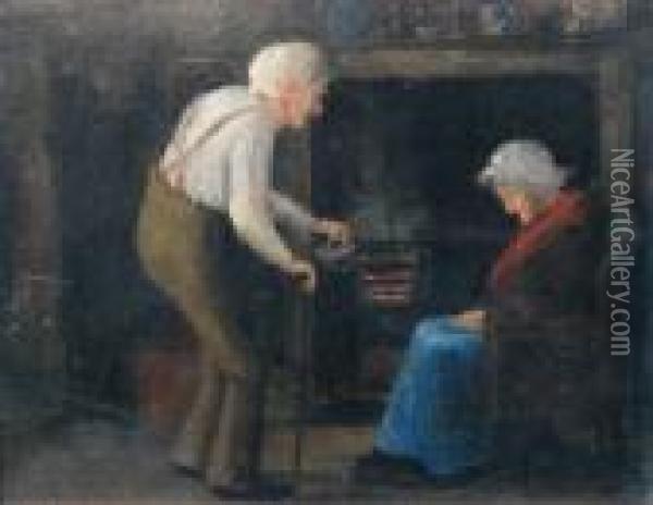Elderly Couple Before A Kitchen Range Oil Painting - David W. Haddon