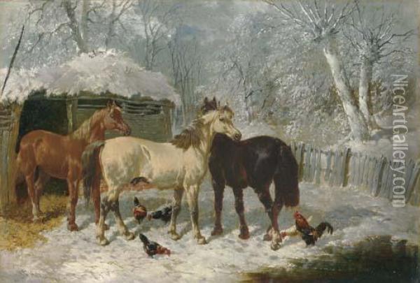 Horses And Chickens In The Snow Oil Painting - John Frederick Herring Snr