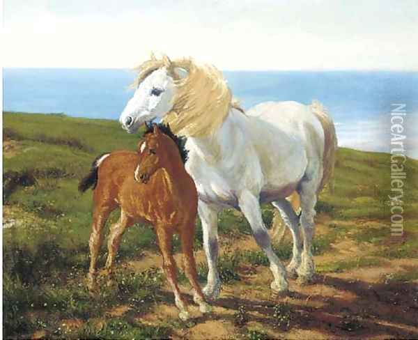 A grey pony and chestnut foal in a coastal landscape Oil Painting - English School