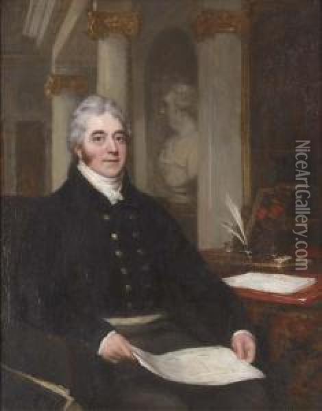 Portrait Of A Gentleman, Small 
Seated Three-quarter-length, Holding Architectural Drawings, In A 
Neo-classical Interior Oil Painting - John Partridge