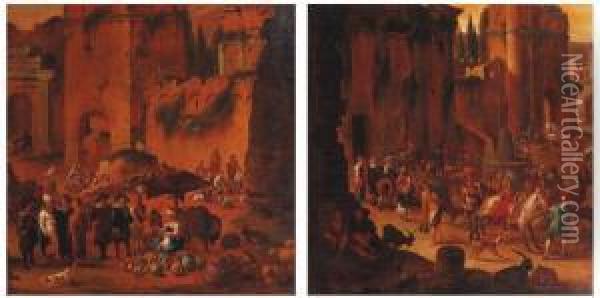 Scenes De Marche Au Pied De Ruines Antiques Oil Painting - Pieter Van Bredael