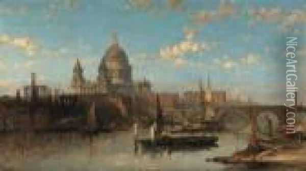 St Paul's From The River Thames, Looking East Oil Painting - David Roberts