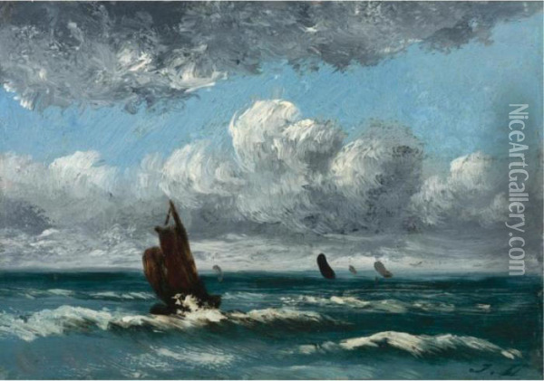 Fishing Boats On The Channel Coast Oil Painting - Jules Dupre