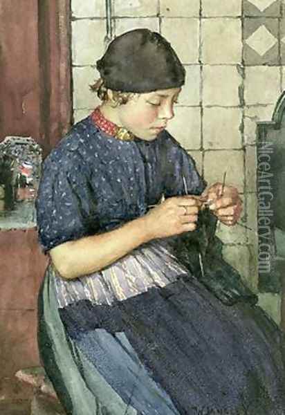 Girl Knitting Oil Painting - Walter Langley