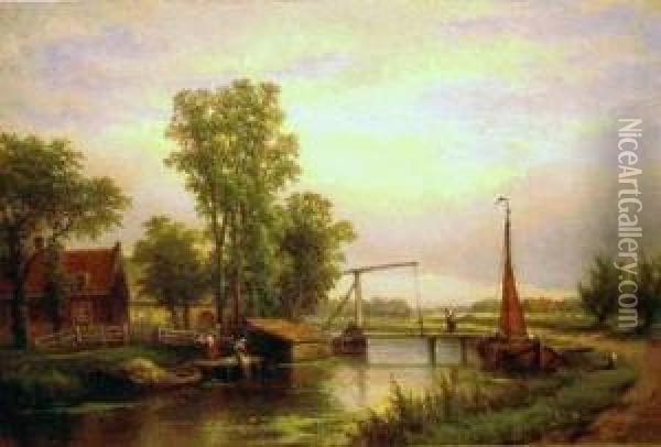 Holland Canal Scene With Figures Beside A Drawbridge Oil Painting - Eduard Alexander Hilverdink