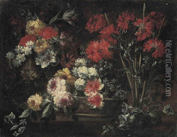 Roses, Chrysanthemums And Other Flowers In A Wicker Basket,
Carnations, Roses, Narcissi And Other Flowers On A Stone
Ledge Oil Painting - Margherita Caffi