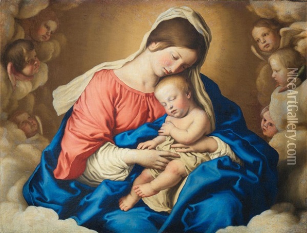 The Madonna And Child, Surrounded By Putti Oil Painting - Giovanni Battista Salvi (Il Sassoferrato)