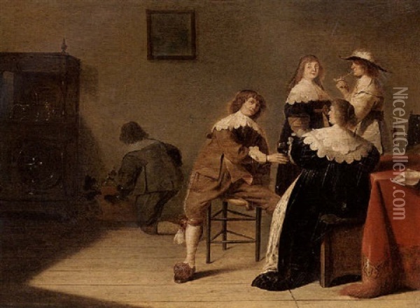Elegant Figures Drinking And Smoking In An Interior Oil Painting - Jan Olis