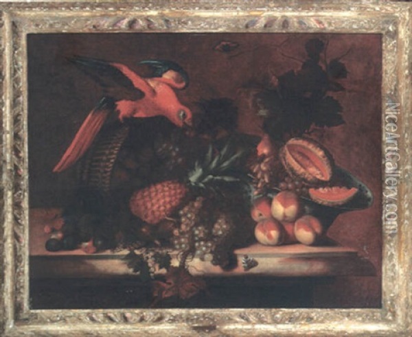 Still Life Of An Overturned Basket Of Fruit, A Parrot, And A  Blue And White Porcelain Bowl On A Ledge Oil Painting - Barend van der Meer