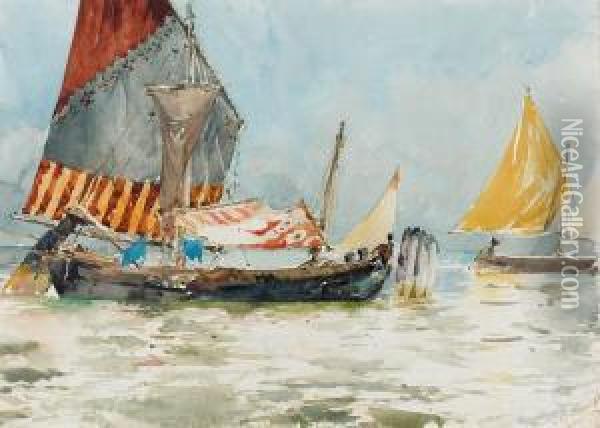 Fischerboote Im Sonnenschein. Oil Painting - Augusto Corelli